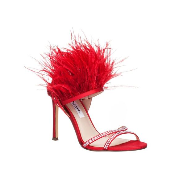 NINA Shoes - NINA Womens Red Feather Dalva Round Toe Stiletto Buckle Dress Heeled Sandal 5 M
